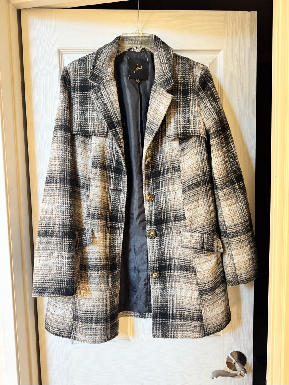 Jack by BB Dakota Black & Cream Plaid Coat with Notched Collar